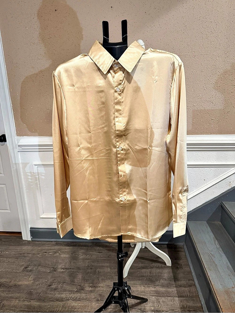 Men’s Gold Satin Button Down Shirt with Bow Tie